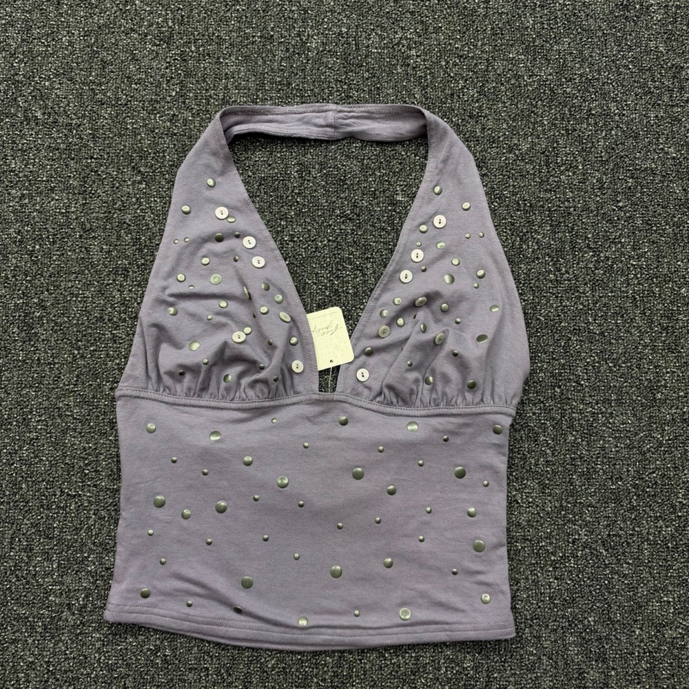 Free People Studded Button Halter Top Womens M Aged Plum NEW boho y2k style